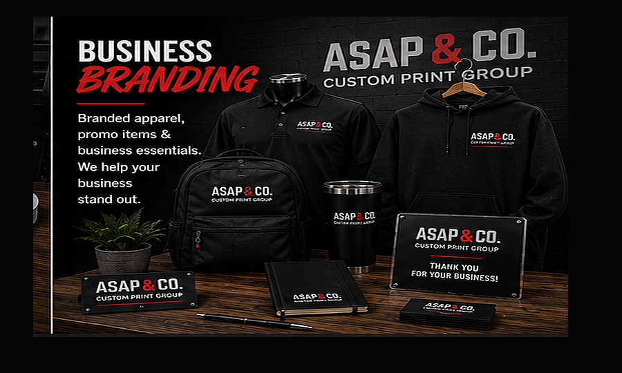 Business branding merchandise display with branded products